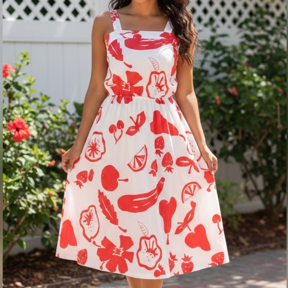 Vintage 70 red Fruit Print Dress Fit Flare Pull On Sleeveless A-line Red Medium